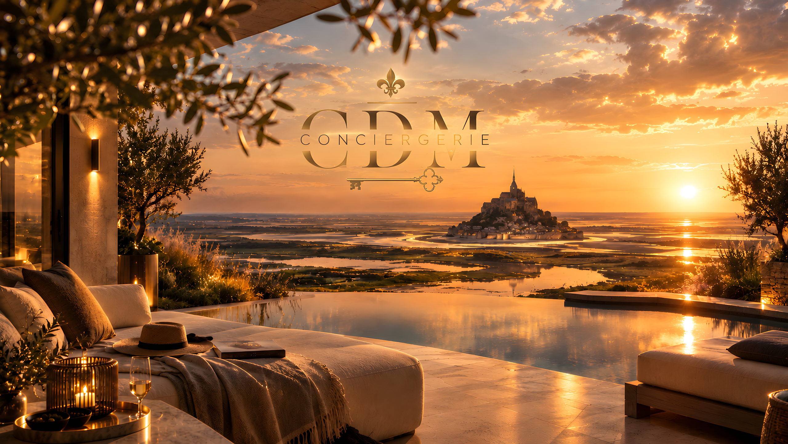 Une terrasse au coucher du soleil face au Mont-Saint-Michel, avec le monogramme CDM Conciergerie dans le ciel