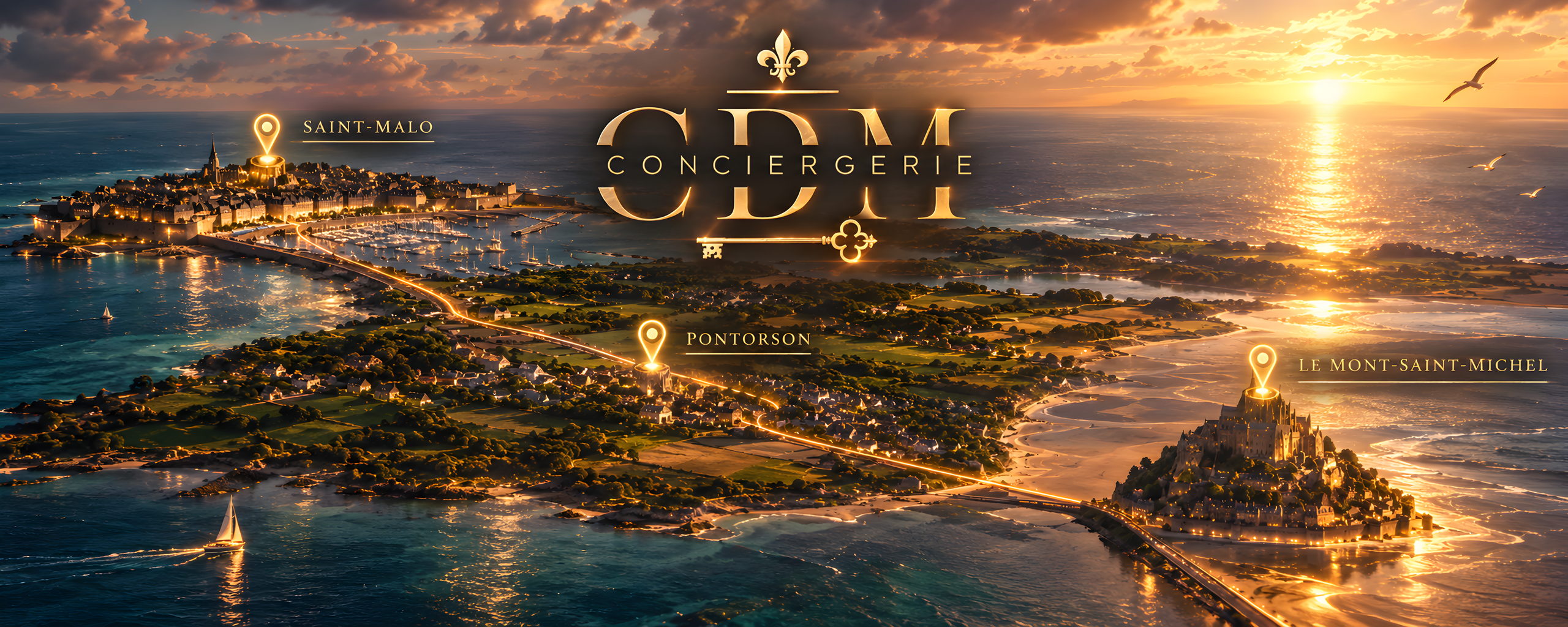 Vue aérienne illustrée de la baie au coucher du soleil, de Saint-Malo au Mont-Saint-Michel en passant par Pontorson, avec le monogramme CDM Conciergerie