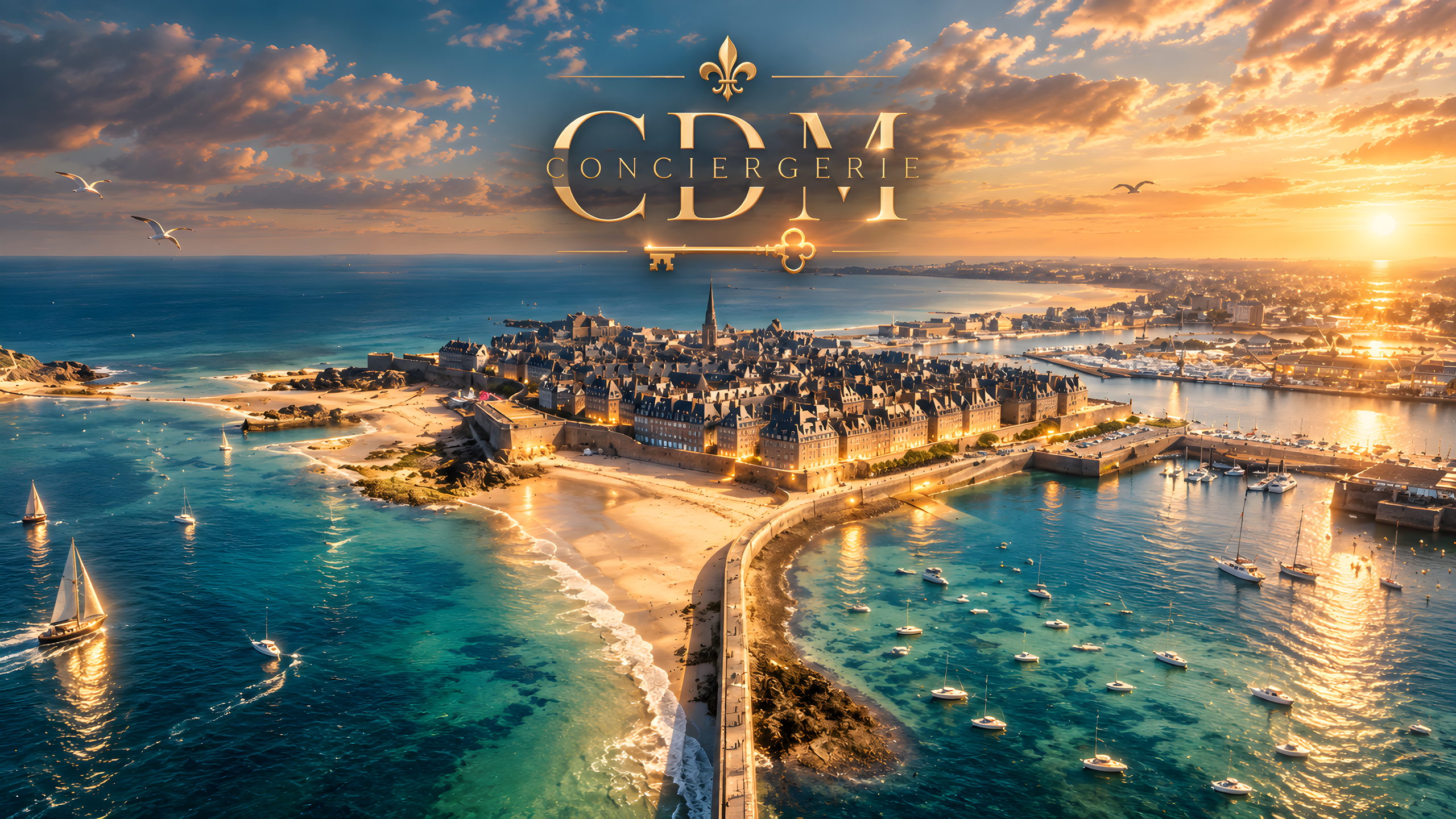 Vue aérienne illustrée de Saint-Malo intra-muros au coucher du soleil, avec le monogramme CDM Conciergerie dans le ciel